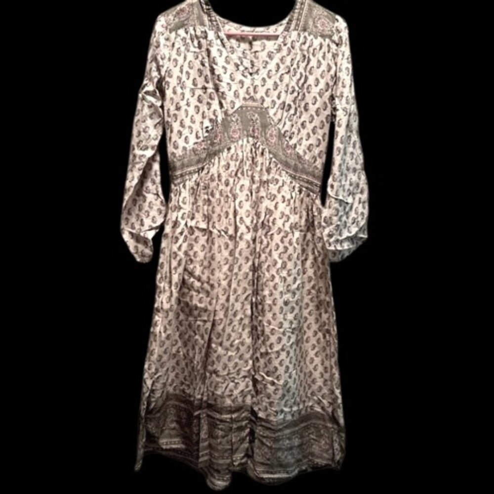 Beautiful hand-stitched long-sleeve boho dress paisley and earthtone colors